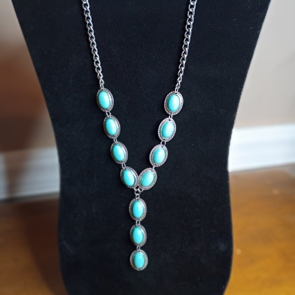 Western Turquoise Y Necklace Southwestern Cowgirl Boho‎ Statement Necklace